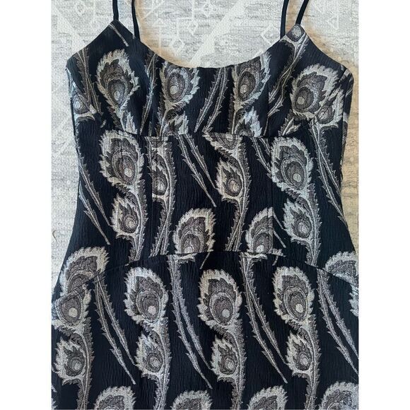 TRINA TURK Black & Silver Peacock Pattern Spaghetti Strap Cocktail Dress Size 2 - Picture 2 of 7